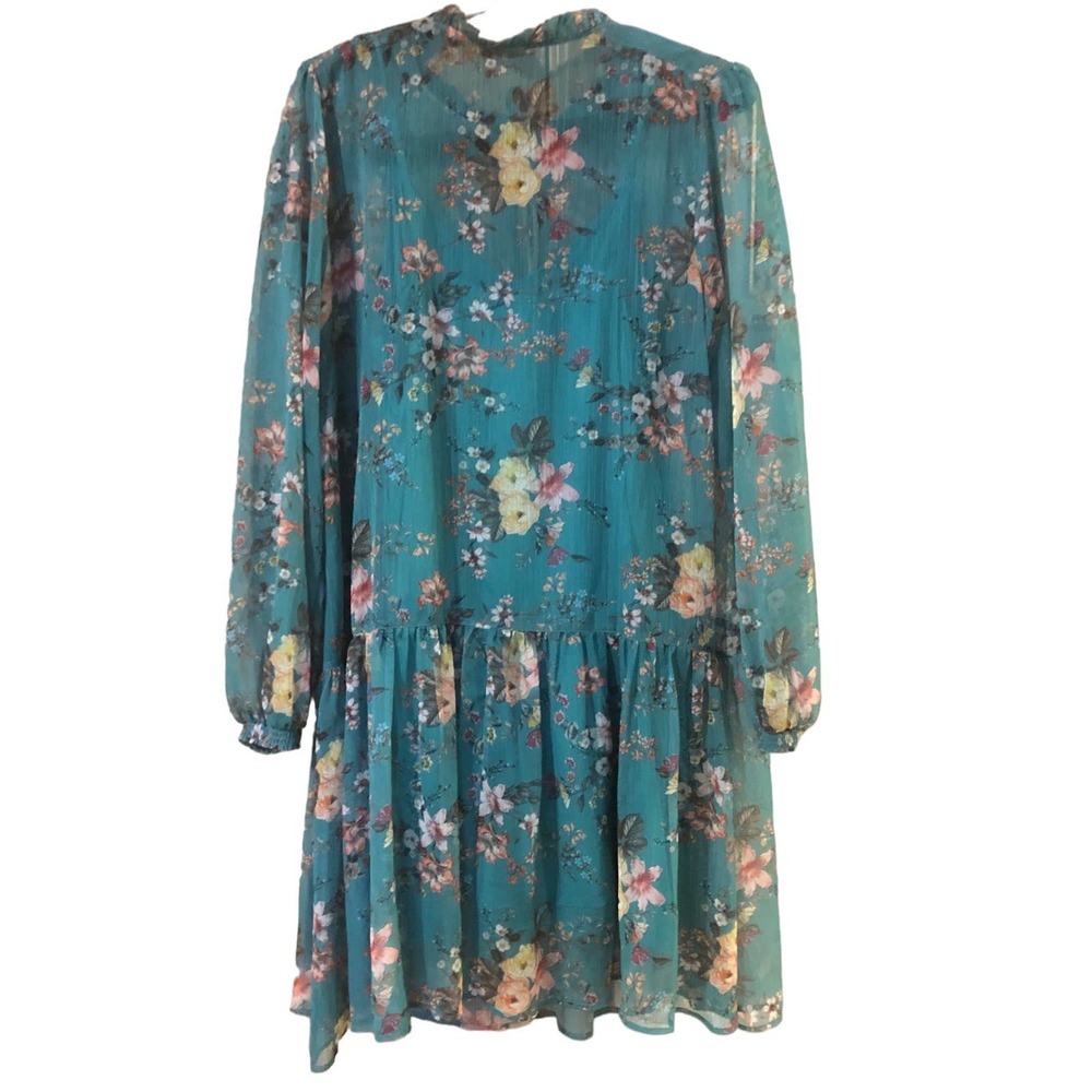 Maeve Anthropologie Large Sheer Floral Turquoise Blue Dress Drop Waist Ruffle